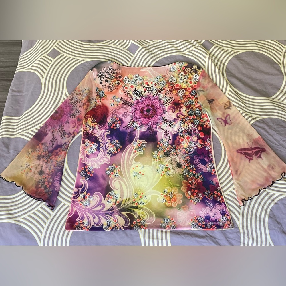 Yukiko Vintage Y2K mesh bell sleeve butterfly garden Top size medium ivory red - Picture 8 of 8